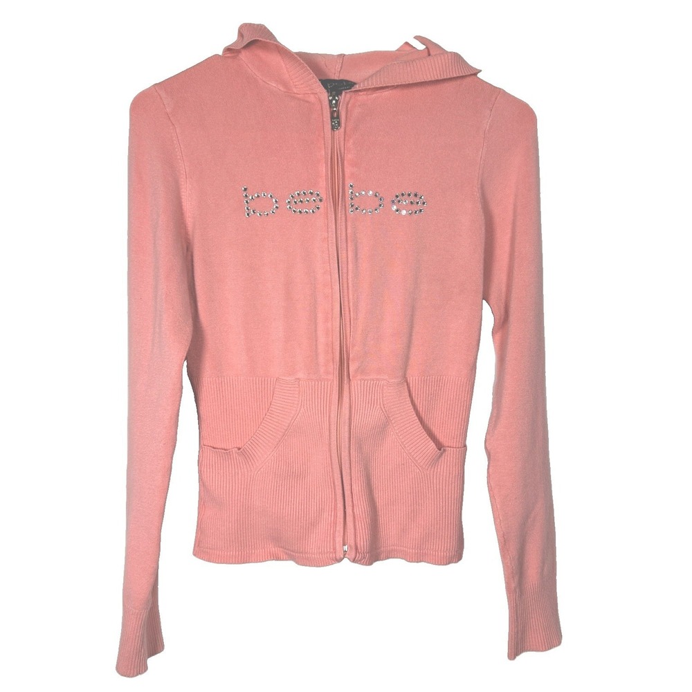 Bebe Zip Up Hoodie Sweater Women L Pink Rhinestone Logo Y2K Coquette Preppy